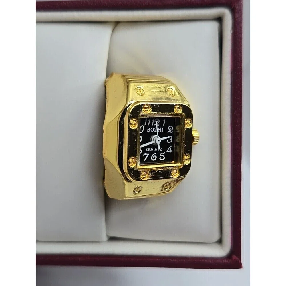 Bozhi Gold Tone Quartz Ring Watch Black Dial New Battery Retro Stretch Accessory